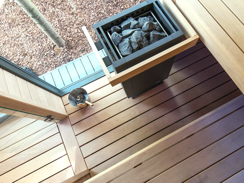 Dark Exterior Outdoor Sauna with Corner Window and Blue Bench Lighting CSA-532 product view 6