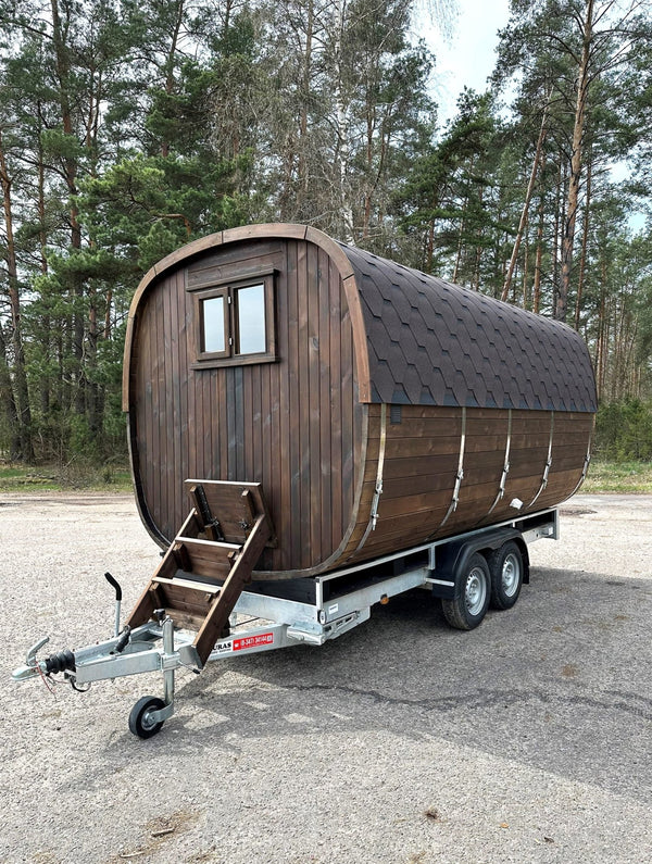 Mobile Barrel Sauna on Wheels with Wood Stove CSA-273 Exterior angle