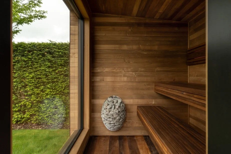 Mobile Solid Wood Outdoor Sauna - 2 Person Prefab Sauna Room with Wheels for Easy Movement Side profile