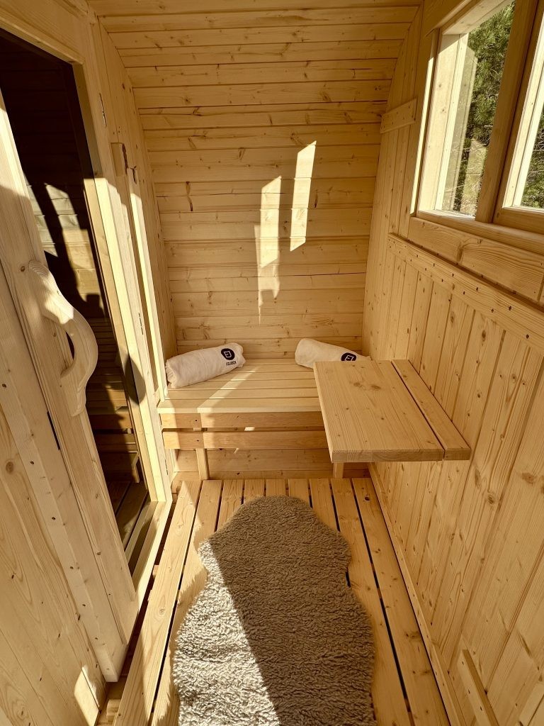 Mobile Towable Sauna Room with Trailer Pine Wood Outdoor Sauna Cabin Side profile