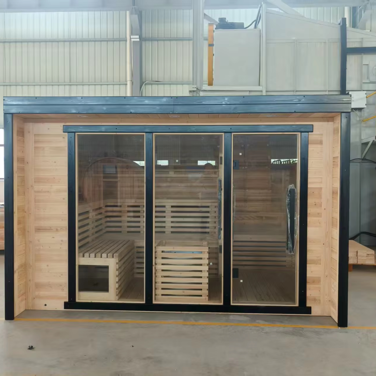 Black-Trim Cube Sauna Cabin with Multi-Panel Glass Front CSA-435 product view 2