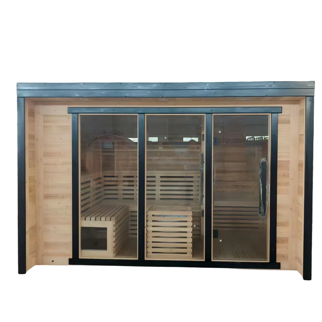 Black-Trim Cube Sauna Cabin with Multi-Panel Glass Front CSA-435 product view 3