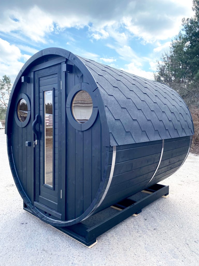 Modern Black Barrel Sauna, Outdoor Wood-Burning Sauna Cabin with Round Windows &amp; Asphalt Roof Interior detail