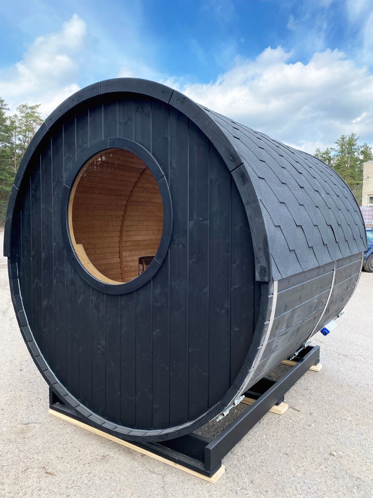 Modern Black Barrel Sauna, Outdoor Wood-Burning Sauna Cabin with Round Windows &amp; Asphalt Roof Door and glass