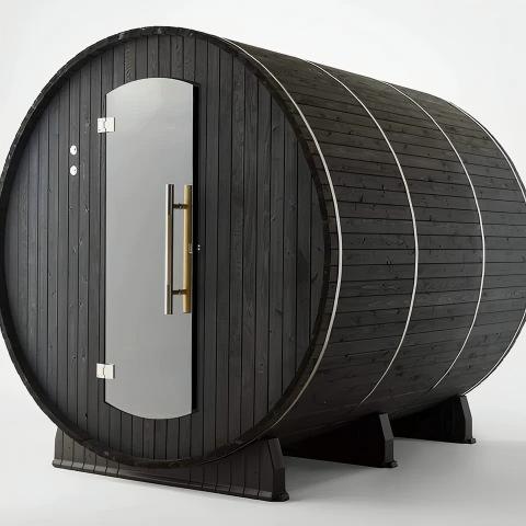 Modern Black Outdoor Barrel Sauna, Shou Sugi Ban Charred Wood Sauna Cabin with Minimalist Door Interior detail