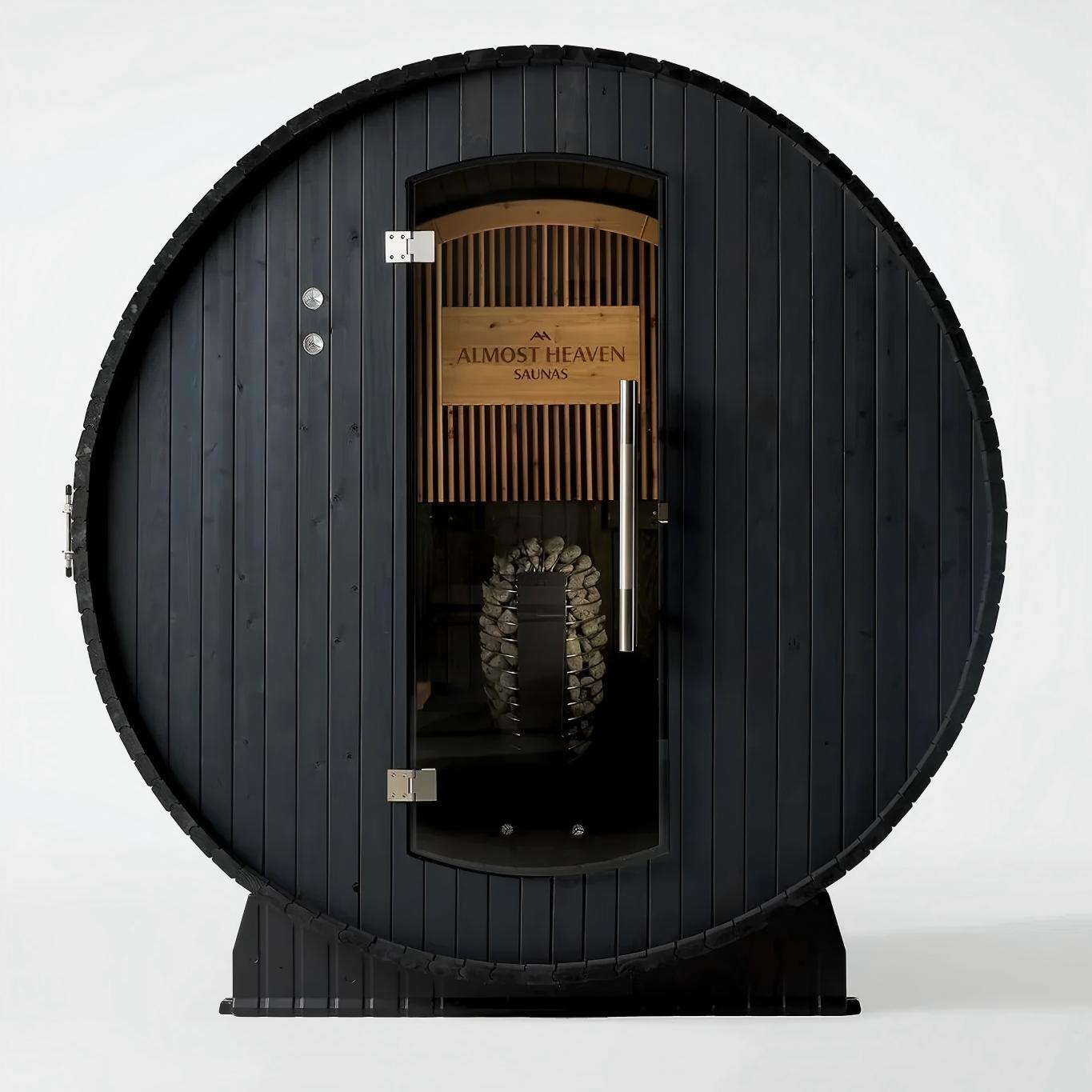 Modern Black Outdoor Barrel Sauna, Shou Sugi Ban Charred Wood Sauna Cabin with Minimalist Door Door and glass