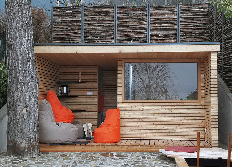 Cedar Outdoor Cube Cabin with Full Glass Front and Wider Layout with Full Glass Front CSA-451 Exterior angle