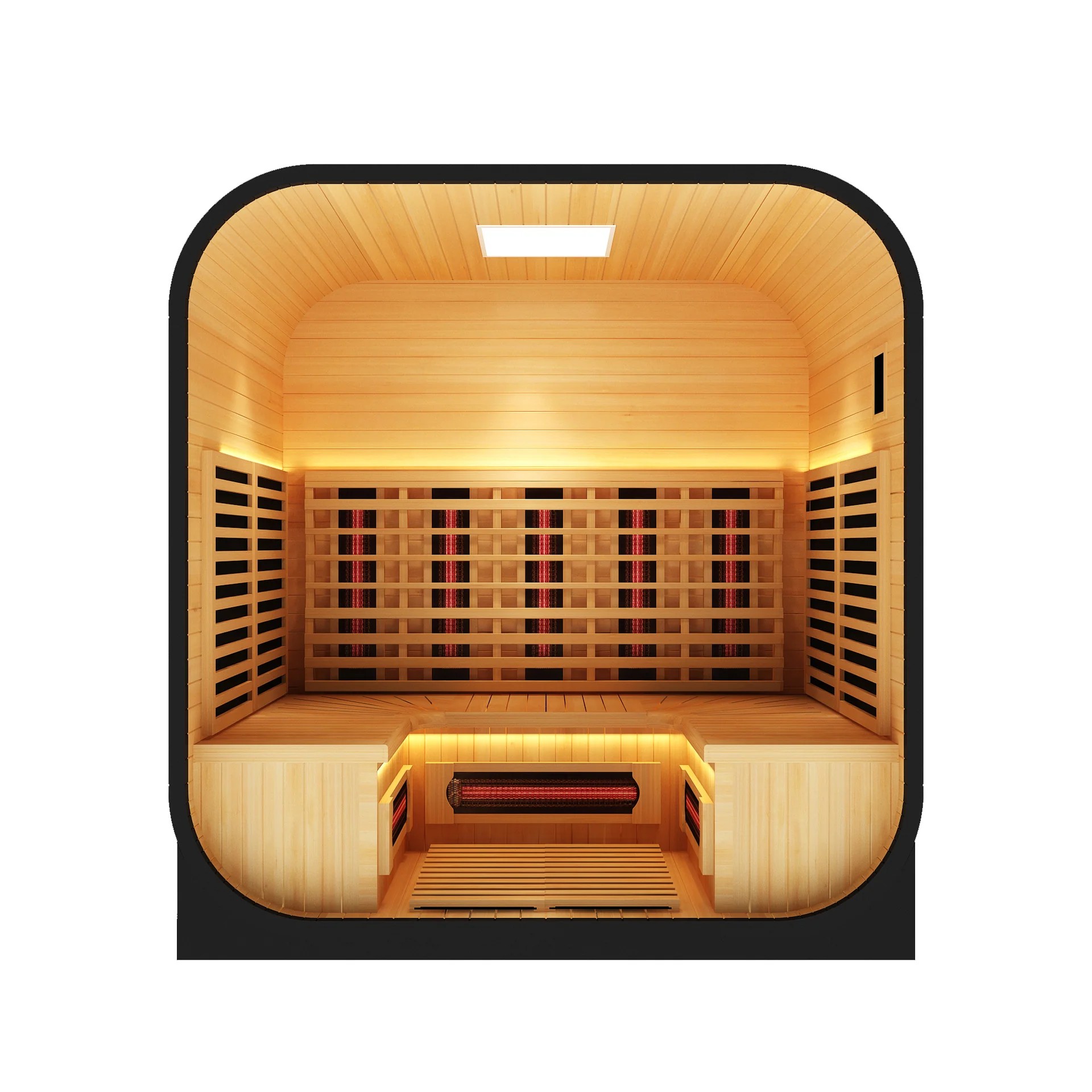 Modern Curved 2 Person Infrared Sauna, Luxury Solid Wood Cabin with Ceramic Heaters &amp; Stereo System Door and glass