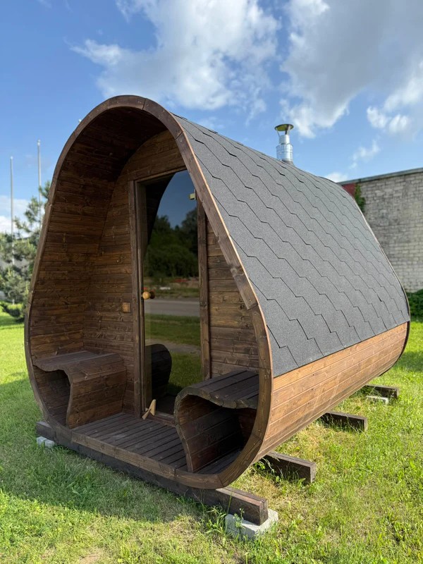 Curved Outdoor Sauna Cabin with Open Porch Interior detail