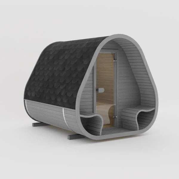 Curved Outdoor Sauna Cabin with Open Porch Door and glass