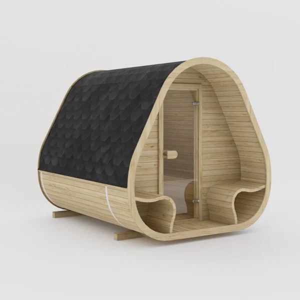 Curved Outdoor Sauna Cabin with Open Porch Side profile