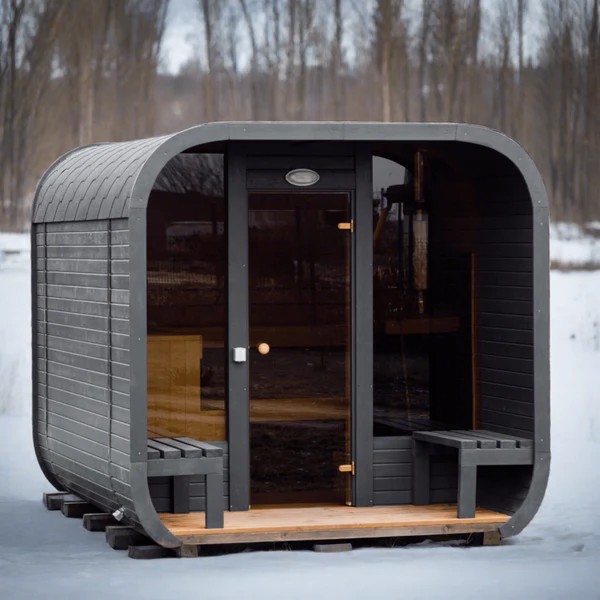 Modern Curved Sauna Pod with Integrated Porch, Weatherproof Dark Grey Exterior &amp; Wood Heater for Year-Round Outdoor Relaxation Interior detail