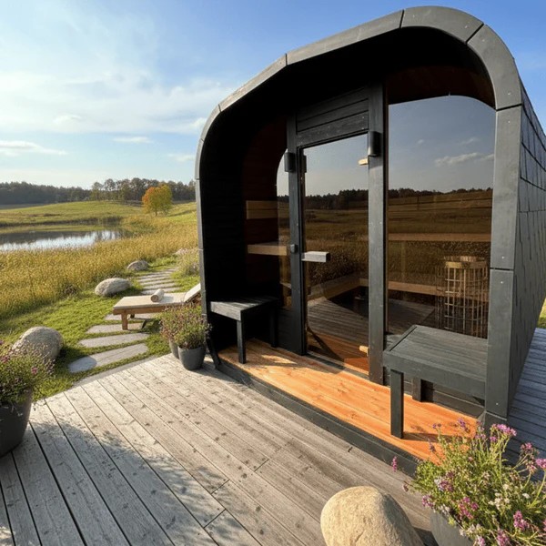 Modern Curved Sauna Pod with Integrated Porch, Weatherproof Dark Grey Exterior &amp; Wood Heater for Year-Round Outdoor Relaxation Buyer reference