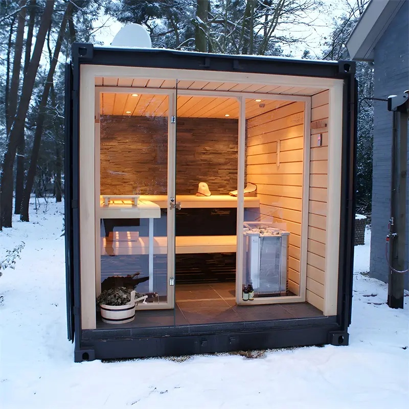 Gable Roof Outdoor Sauna Cabin with Side Window Door and glass