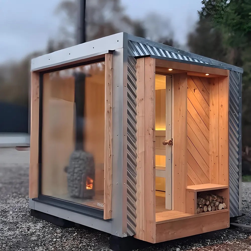 Gable Roof Outdoor Sauna Cabin with Side Window Side profile