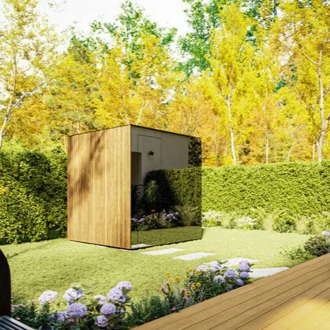Modern Garden Sauna Cabin, Mirror and Wood Exterior Sauna House for Outdoor Wellness Interior detail