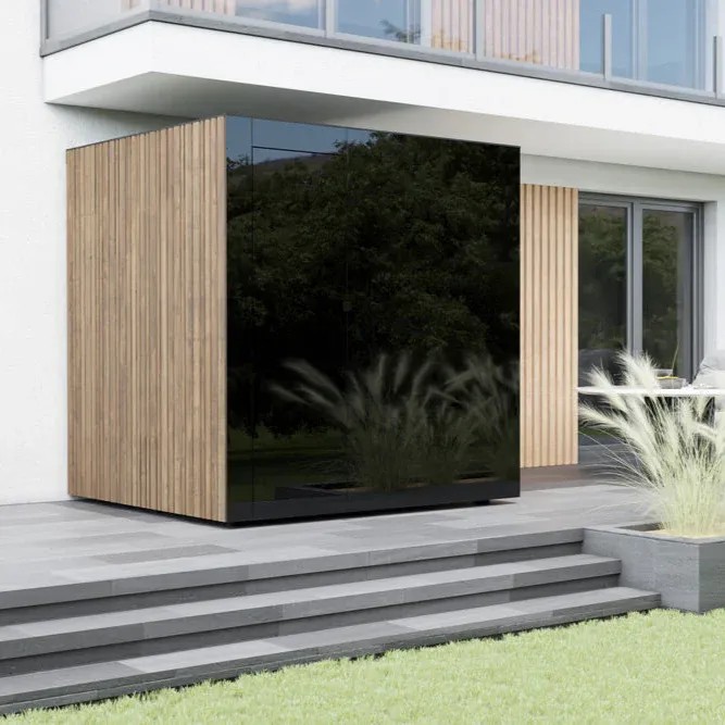 Modern Garden Sauna Cabin, Mirror and Wood Exterior Sauna House for Outdoor Wellness Side profile