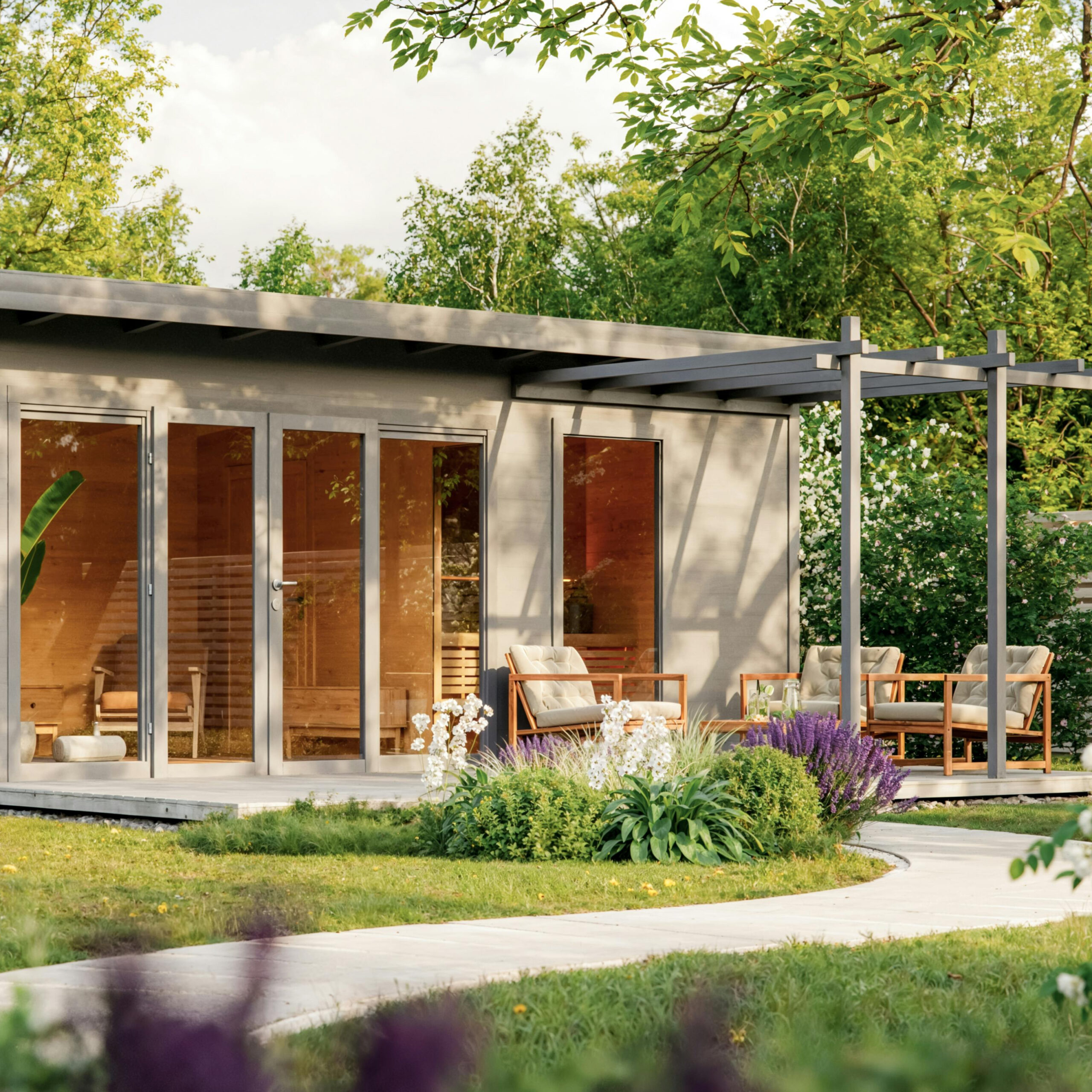 Modern Grey Outdoor Sauna Cabin, Wood Sauna with Integrated Patio and Glass Front Exterior angle
