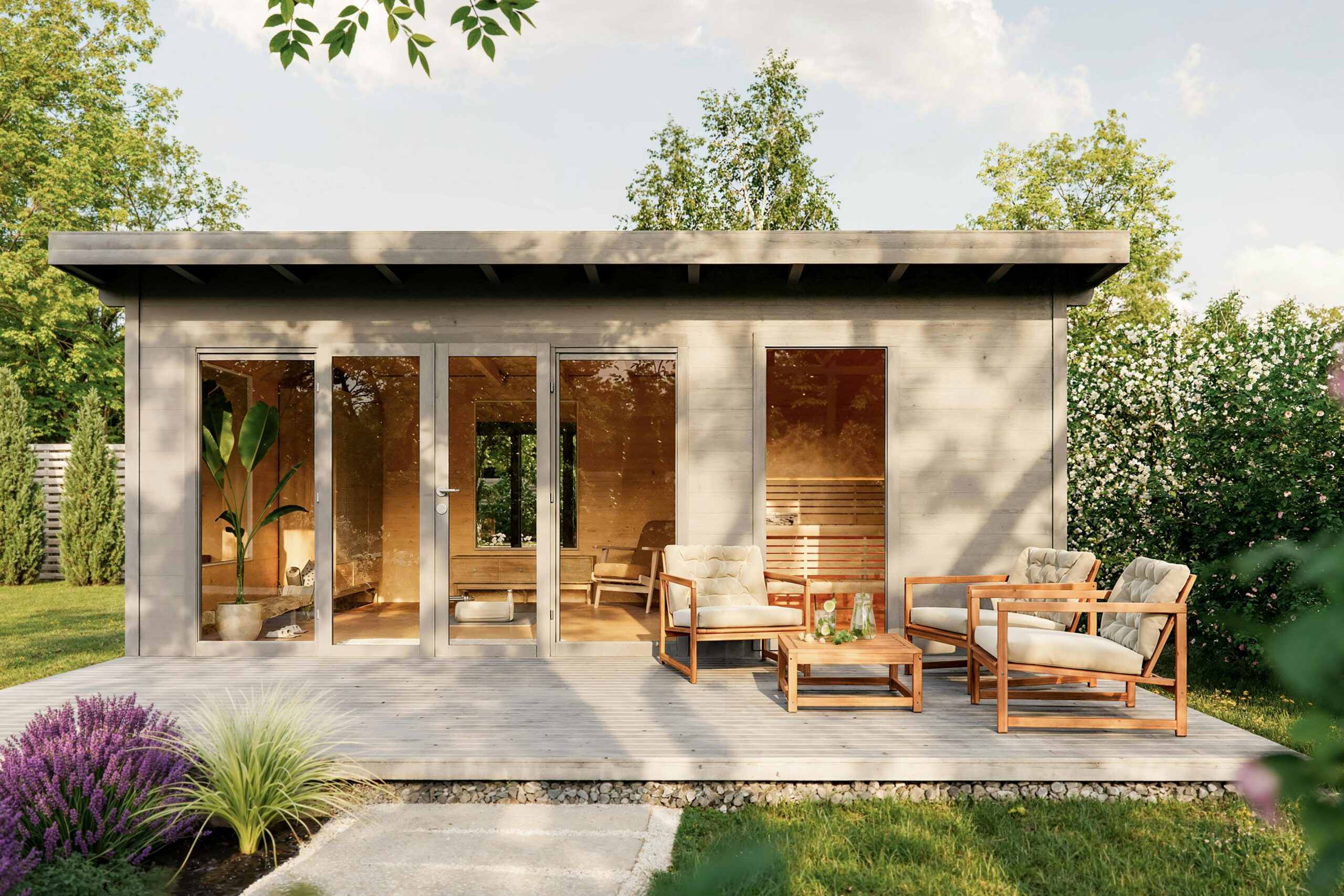 Modern Grey Outdoor Sauna Cabin, Wood Sauna with Integrated Patio and Glass Front Interior detail