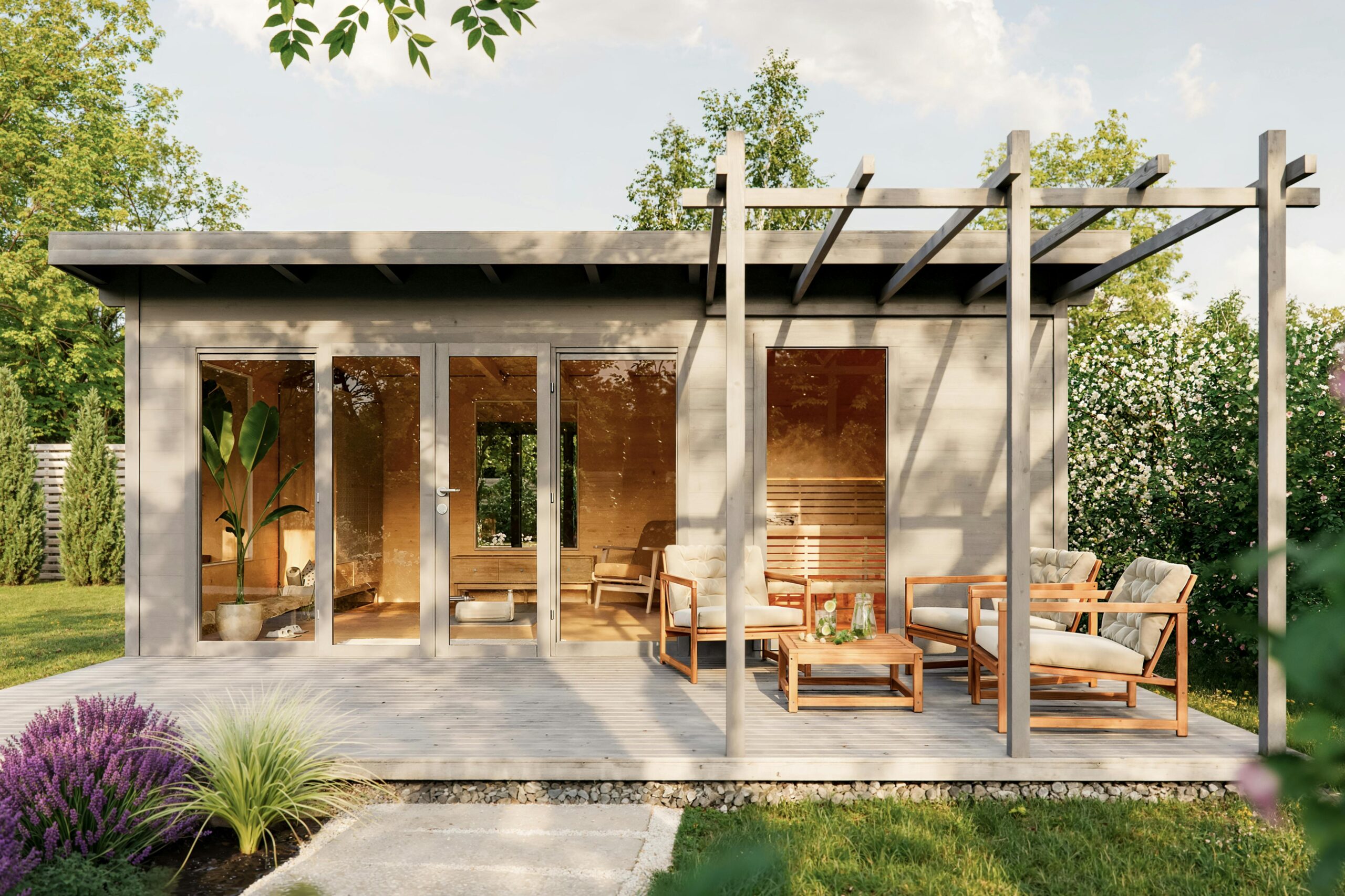 Modern Grey Outdoor Sauna Cabin, Wood Sauna with Integrated Patio and Glass Front Door and glass