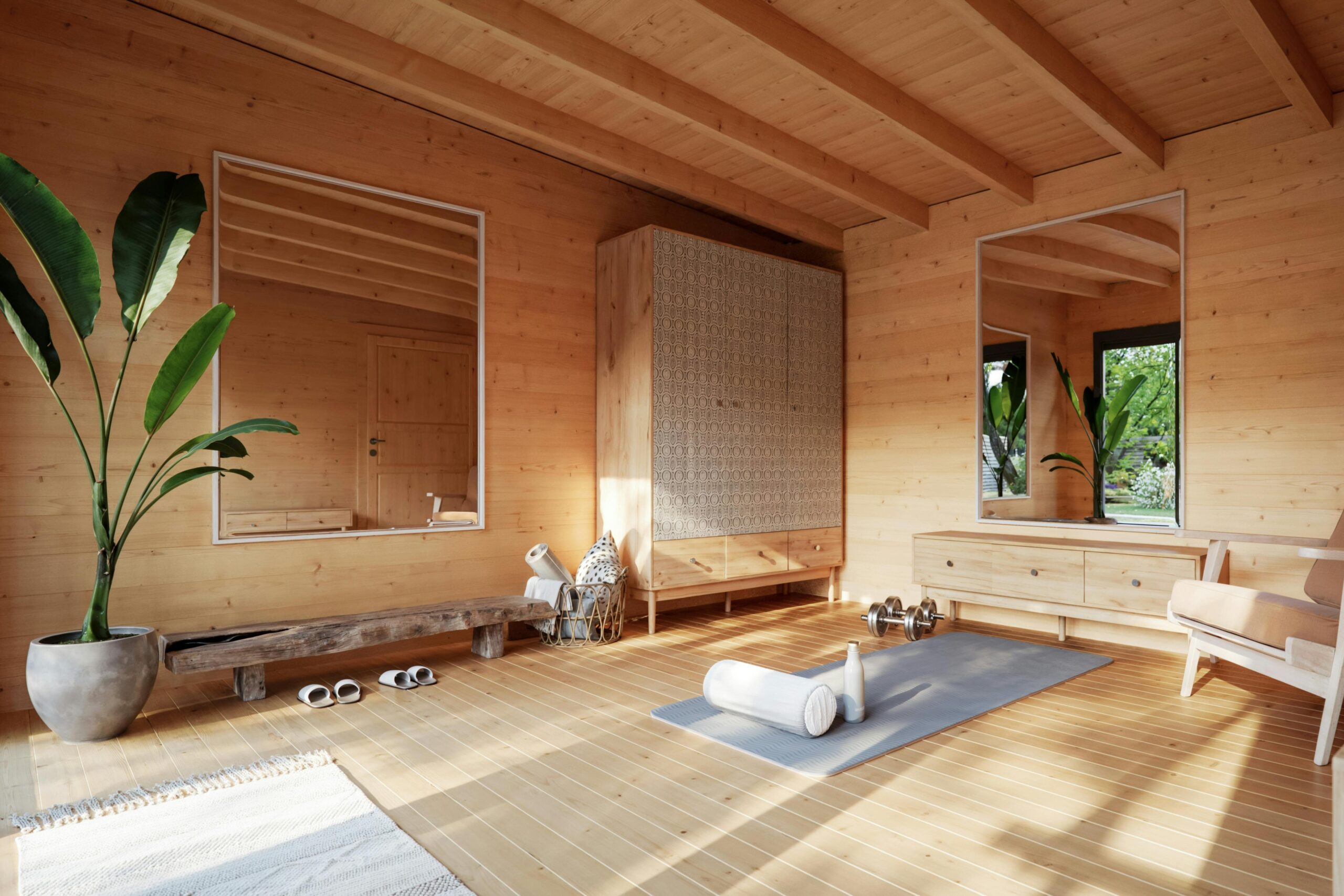 Modern Grey Outdoor Sauna Cabin, Wood Sauna with Integrated Patio and Glass Front Side profile