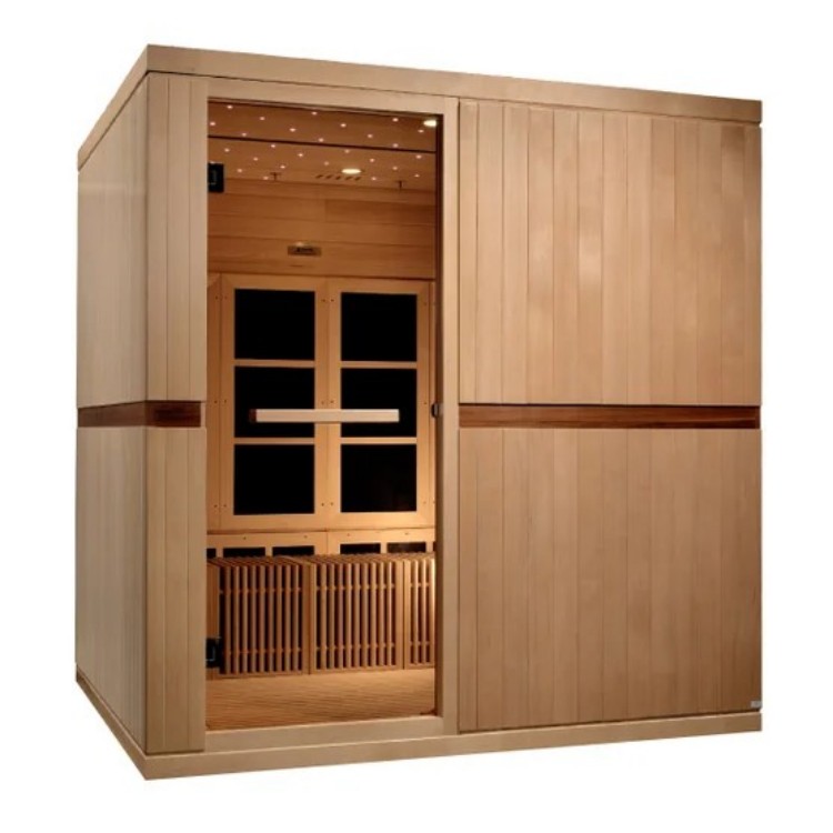 Modern Indoor Infrared Sauna Cabin for 4 Persons, Easy Assembly Solid Wood Construction with Digital Control Panel, Home Gym Door and glass