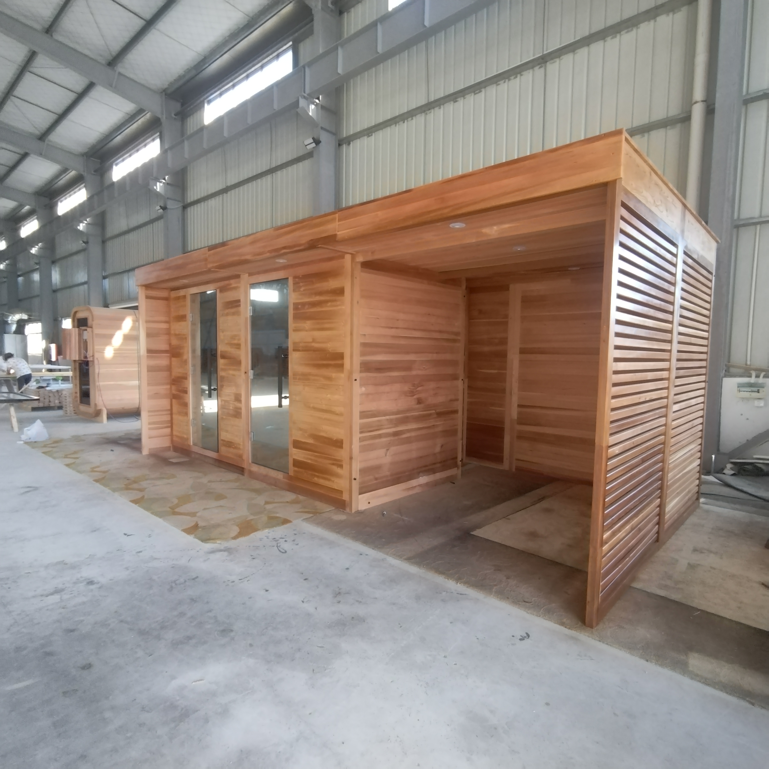 Modern Luxury Electric Outdoor Large Sauna Room Solid Wood Construction Computer Control Panel Transom Windows for Villa Side profile