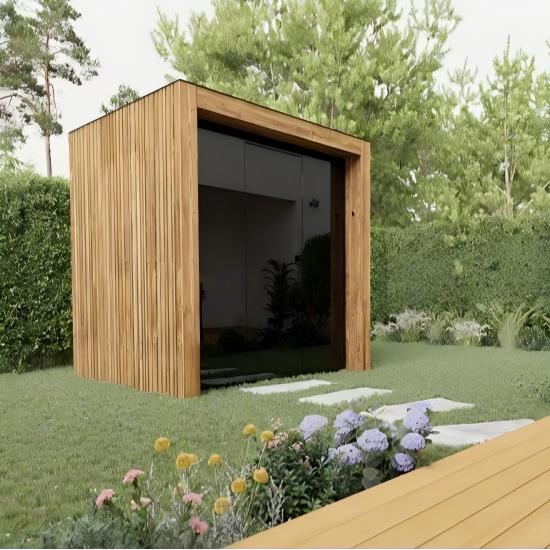 Modern Modular Outdoor Sauna Cabin, Wood-Clad Prefab Sauna Room with Large Glass Window, Luxury Garden Wellness Pod Interior detail