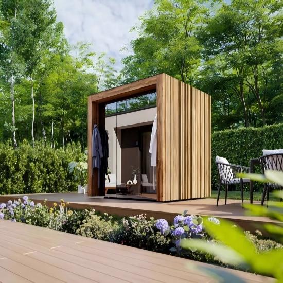 Modern Modular Outdoor Sauna Cabin, Wood-Clad Prefab Sauna Room with Large Glass Window, Luxury Garden Wellness Pod Door and glass