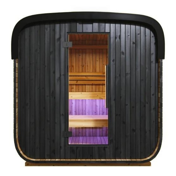 Modern Outdoor Barrel Sauna Room Carbonized Wood Exterior with Natural Interior, 4-6 Person Square Sauna Cabin for Garden Interior detail