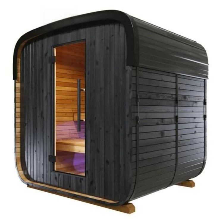 Modern Outdoor Barrel Sauna Room Carbonized Wood Exterior with Natural Interior, 4-6 Person Square Sauna Cabin for Garden Door and glass