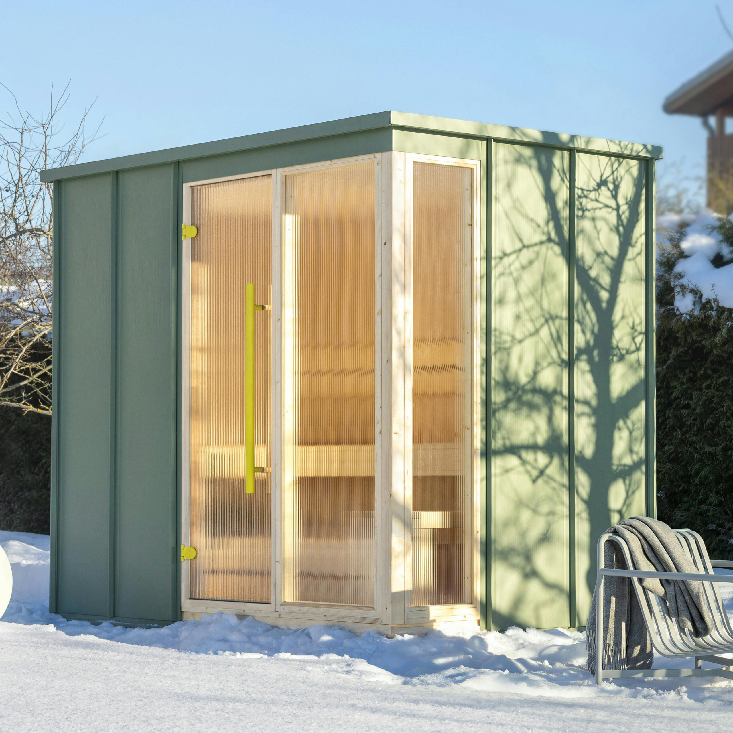 Modern Outdoor Cabin Sauna, Pastel Green Wood Sauna with Ribbed Glass Panels Exterior angle