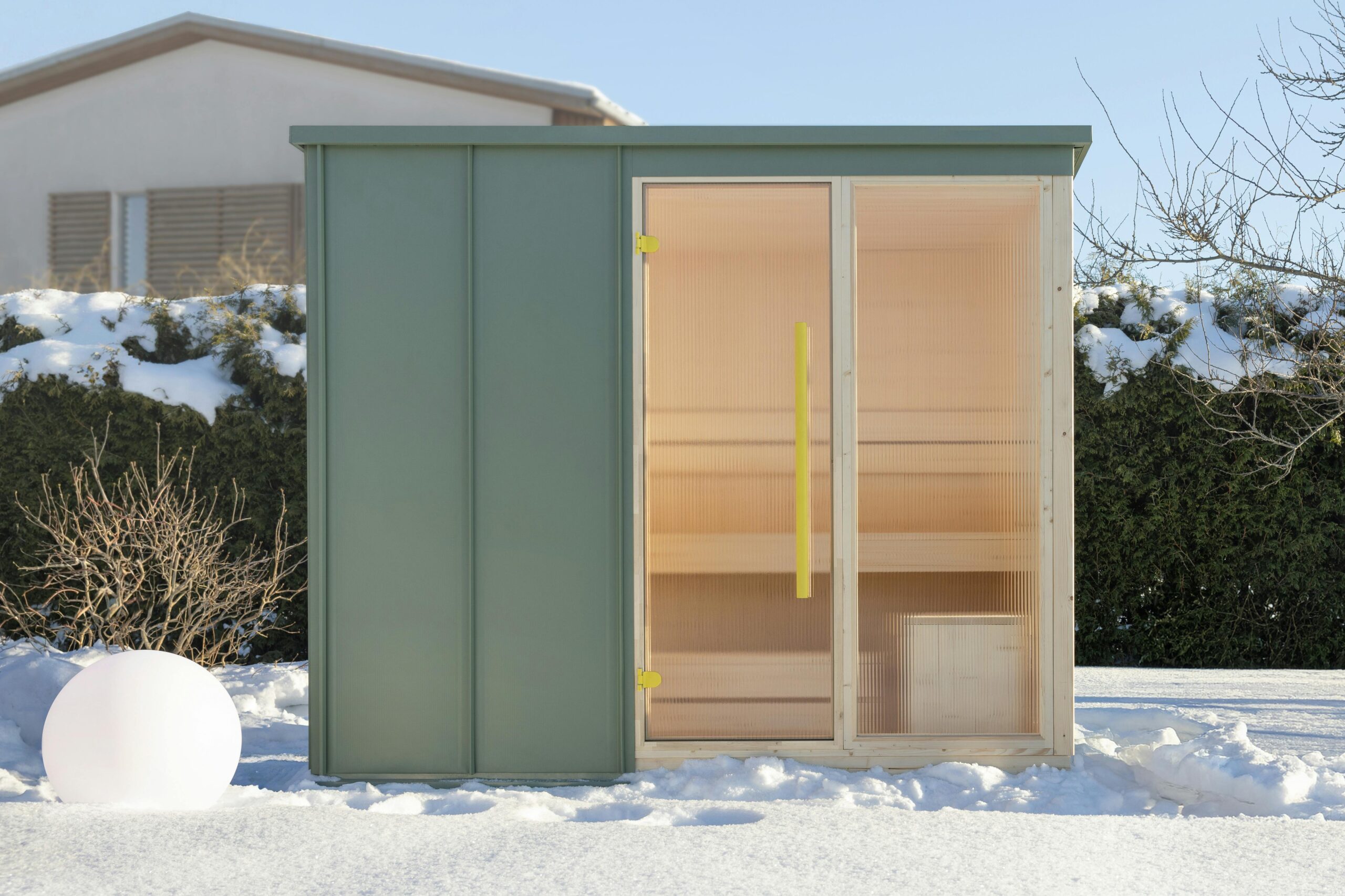 Modern Outdoor Cabin Sauna, Pastel Green Wood Sauna with Ribbed Glass Panels Door and glass