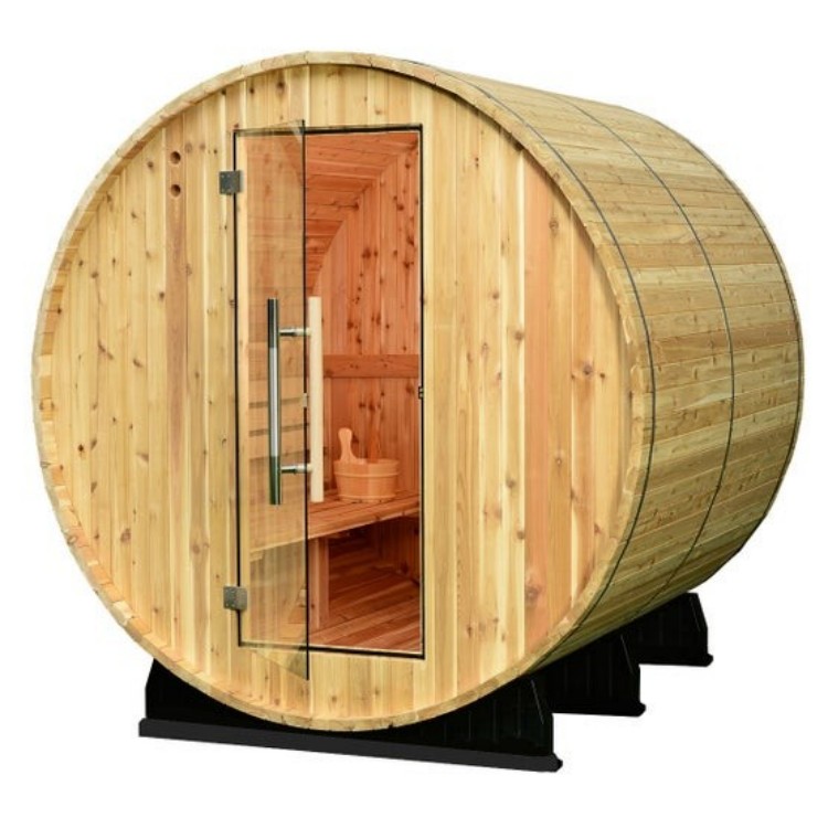 Modern Outdoor Round Sauna Barrel with LED Lighting, Heavy Duty Wood Construction, Freestanding Garden Sauna for Wet/Dry Heat Exterior angle