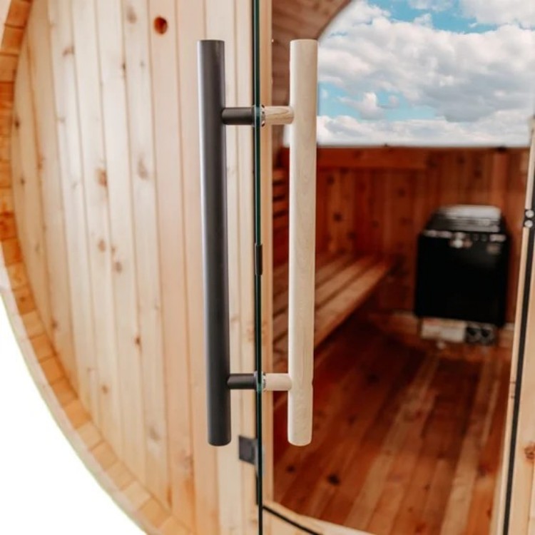 Modern Outdoor Round Sauna Barrel with LED Lighting, Heavy Duty Wood Construction, Freestanding Garden Sauna for Wet/Dry Heat Interior detail