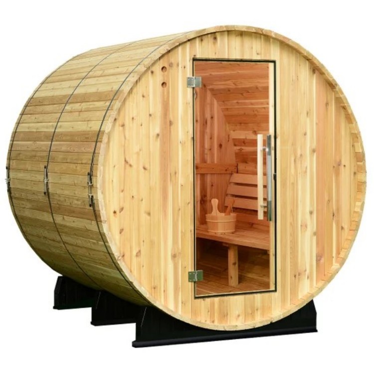 Modern Outdoor Round Sauna Barrel with LED Lighting, Heavy Duty Wood Construction, Freestanding Garden Sauna for Wet/Dry Heat Interior detail