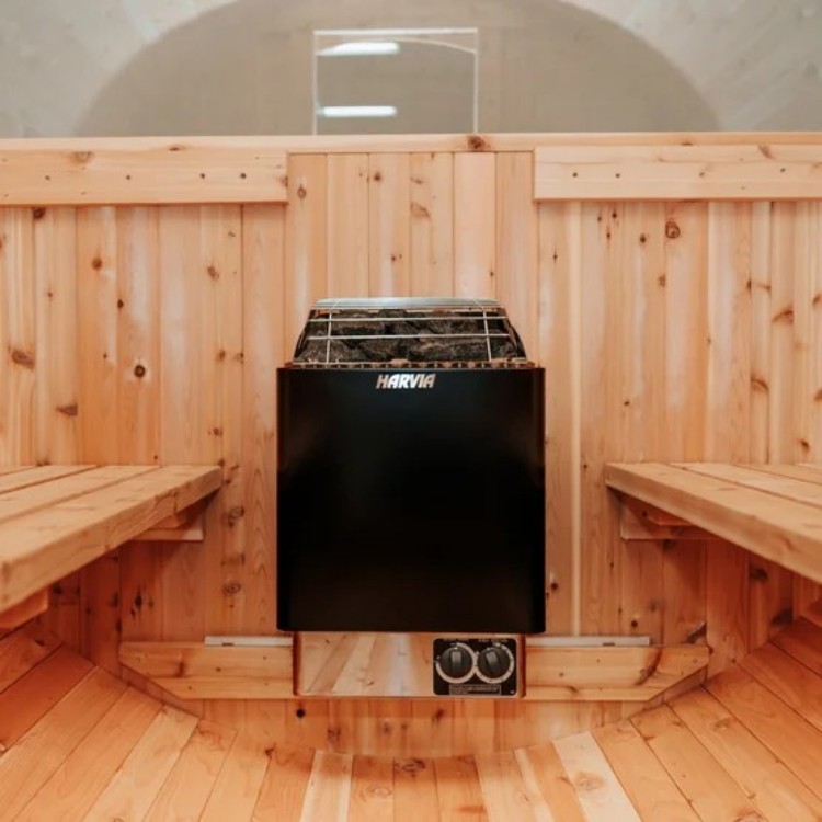 Modern Outdoor Round Sauna Barrel with LED Lighting, Heavy Duty Wood Construction, Freestanding Garden Sauna for Wet/Dry Heat Door and glass