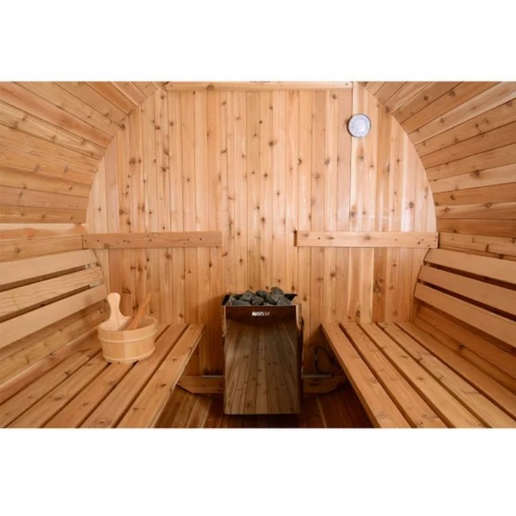 Modern Outdoor Round Sauna Barrel with LED Lighting, Heavy Duty Wood Construction, Freestanding Garden Sauna for Wet/Dry Heat Door and glass