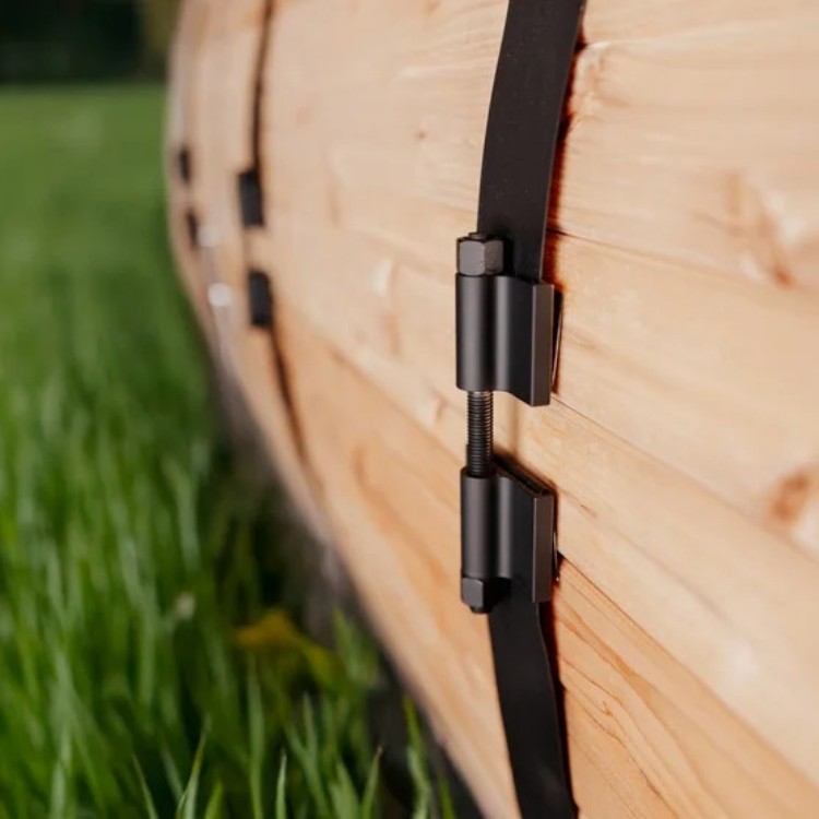 Modern Outdoor Round Sauna Barrel with LED Lighting, Heavy Duty Wood Construction, Freestanding Garden Sauna for Wet/Dry Heat Side profile