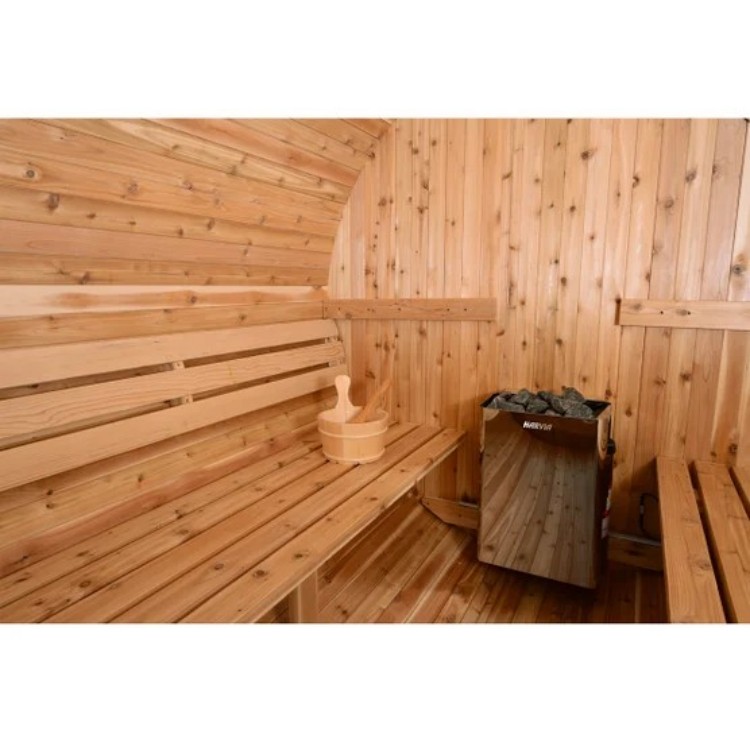 Modern Outdoor Round Sauna Barrel with LED Lighting, Heavy Duty Wood Construction, Freestanding Garden Sauna for Wet/Dry Heat Side profile