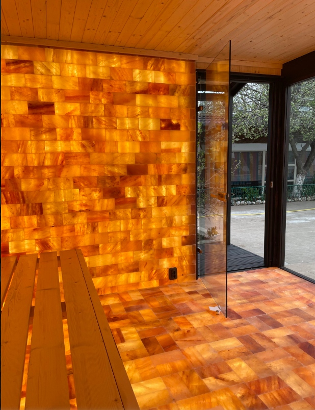 Modern Outdoor Sauna Cabin with Himalayan Salt Wall and Glass Panels Interior detail