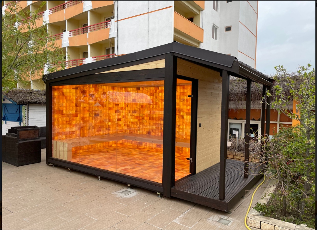 Modern Outdoor Sauna Cabin with Himalayan Salt Wall and Glass Panels Door and glass