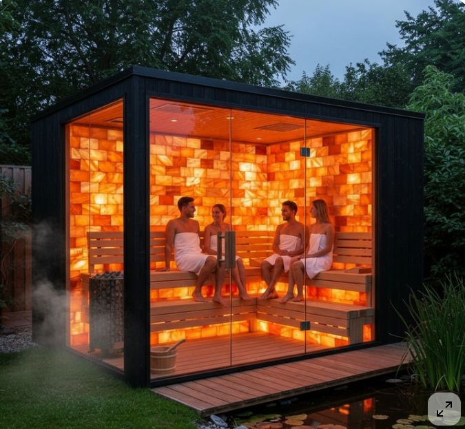 Modern Outdoor Sauna Cabin with Himalayan Salt Wall and Glass Panels Side profile