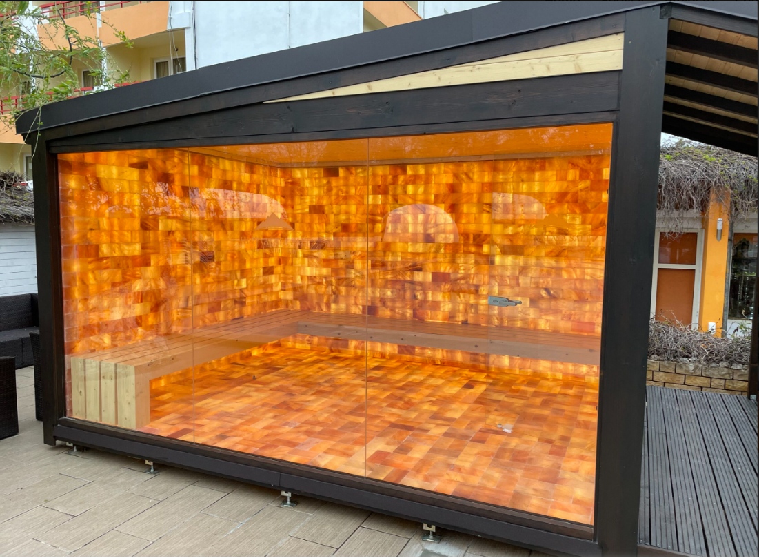 Modern Outdoor Sauna Cabin with Himalayan Salt Wall and Glass Panels Buyer reference