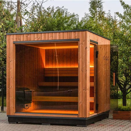 Modern Outdoor Sauna Cabin with Large Glass Facade %7C Luxury Wooden Spa Room Interior detail