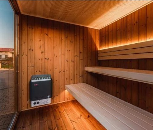 Modern Outdoor Sauna Cabin with Large Glass Facade %7C Luxury Wooden Spa Room Door and glass