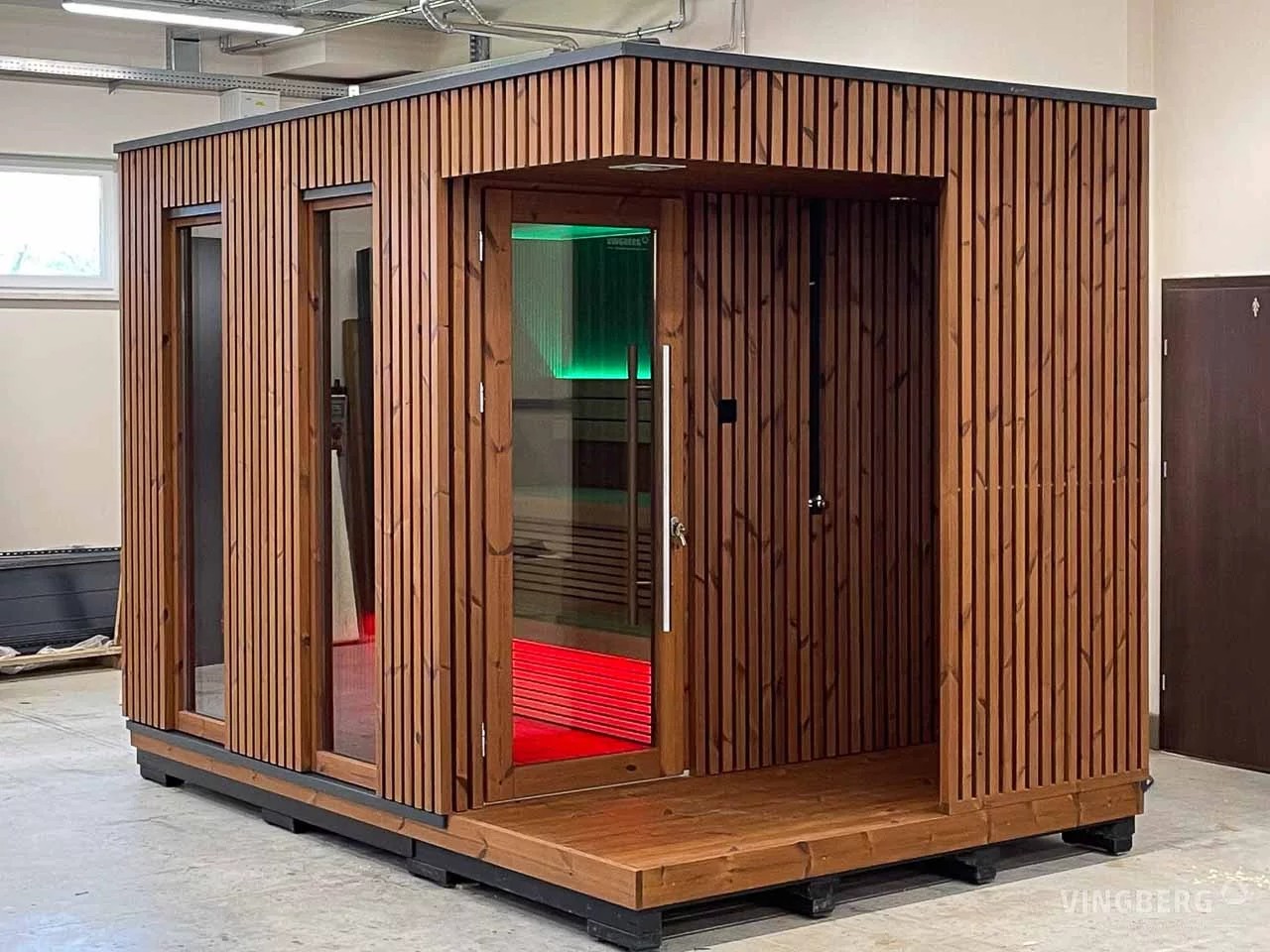 Wood Outdoor Commercial Sauna Room with Large Glass Facade product image
