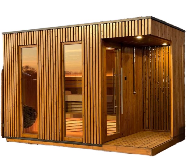 Modern Outdoor Sauna Cabin with Large Glass Facade %7C Luxury Wooden Spa Room Buyer reference