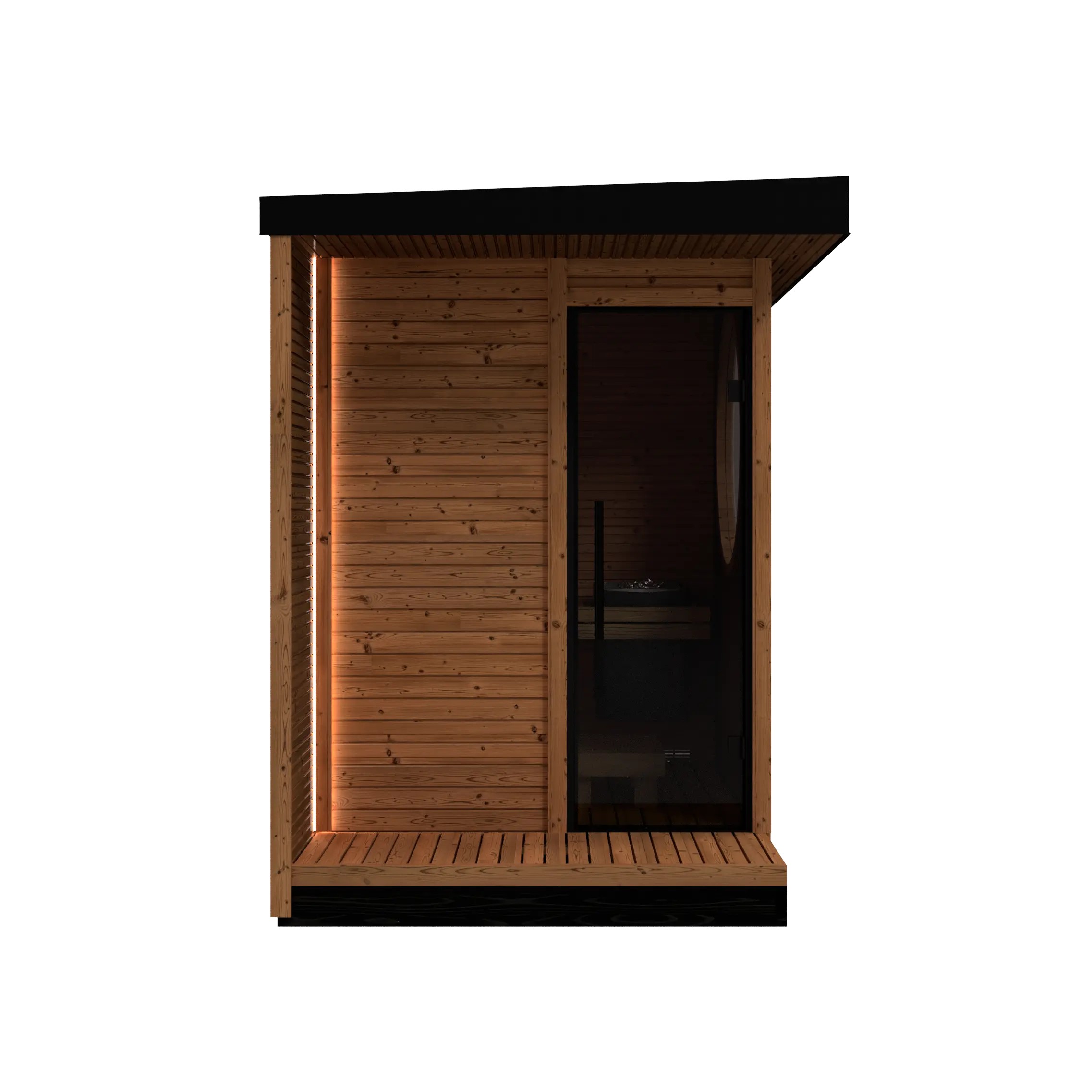 Modern Outdoor Sauna Cabin with Round Window %7C Luxury Wooden Spa with LED Lighting Interior detail