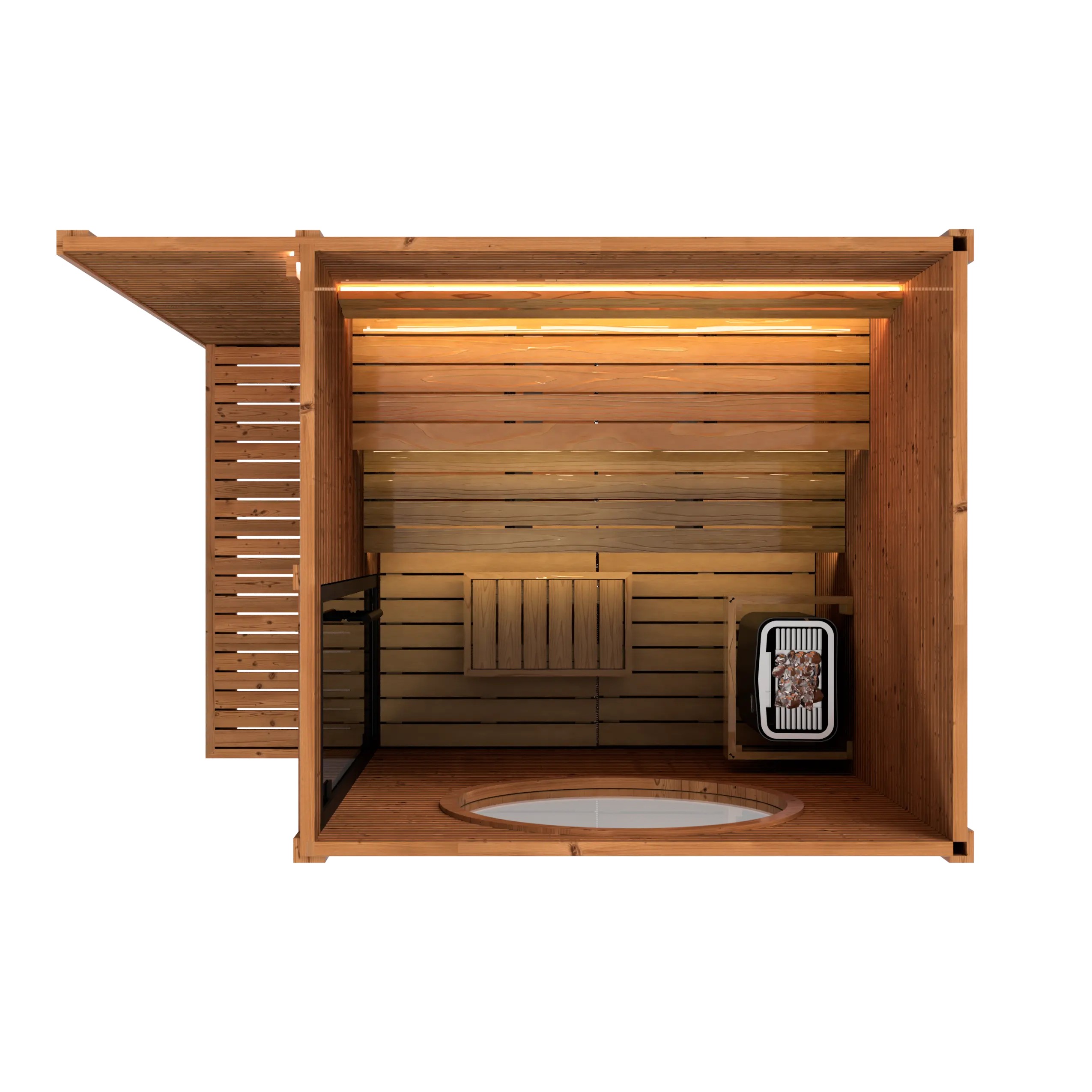Modern Outdoor Sauna Cabin with Round Window %7C Luxury Wooden Spa with LED Lighting Side profile